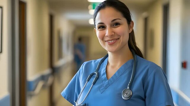 A young hispanic woman wearing scrubs and a stethoscope smiles confidently in a hospital corridor, exuding warmth and professionalism