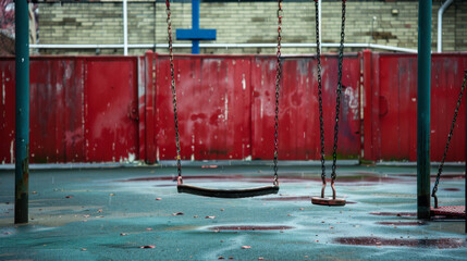 Swings in an empty playground surrounded by wet ground after rain during a cloudy afternoon in a quiet neighborhood