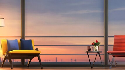 Sunset Panorama from Modern Living Room - Relaxing evening ambiance, modern furniture, sunset view, tranquility, home comfort.