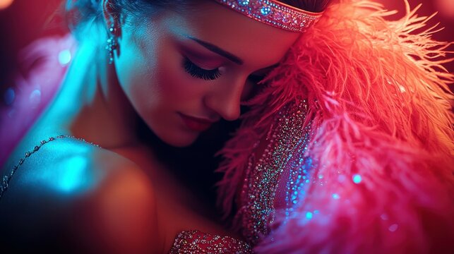 A close-up of a woman wearing a 1920s flapper dress with intricate beading, a feathered headband, and a vintage hairstyle, representing the glamour and sophistication of the Roaring Twenties