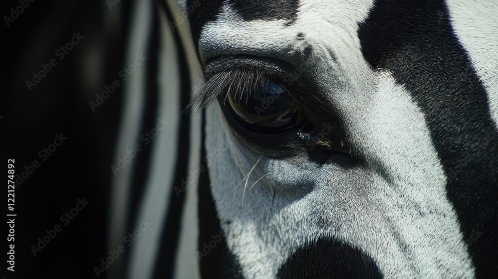 Poster close-up of a zebra's eye showcasing intricate patterns and textures against a blurred background