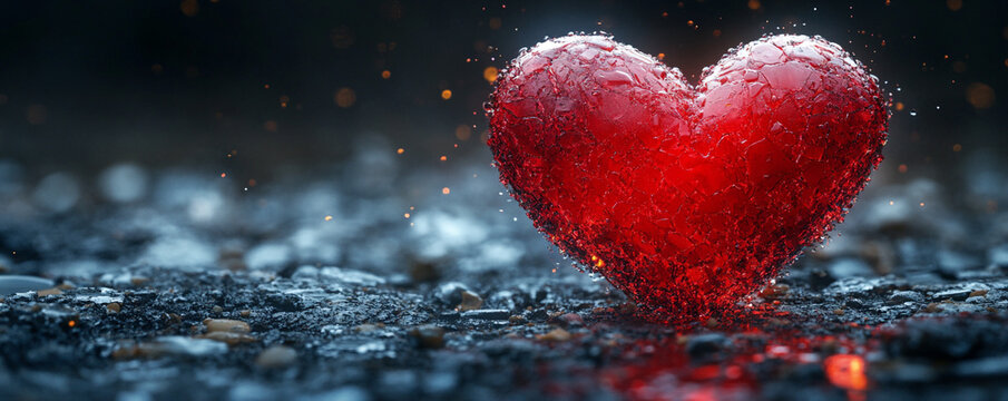 A shattered red heart rests on a dark, rocky surface, with sparks of light illuminating the scene.