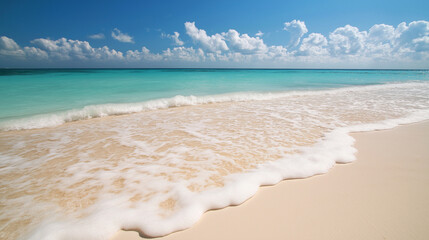 Soft white sand meeting gentle turquoise waves on a tropical beach.