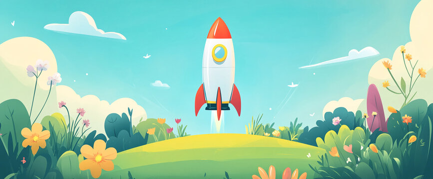 Rocket launching from a colorful meadow under a bright blue sky with flowers and clouds