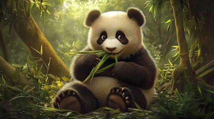 Obraz premium Cute Panda Eating Bamboo, seated contentedly in a lush forest