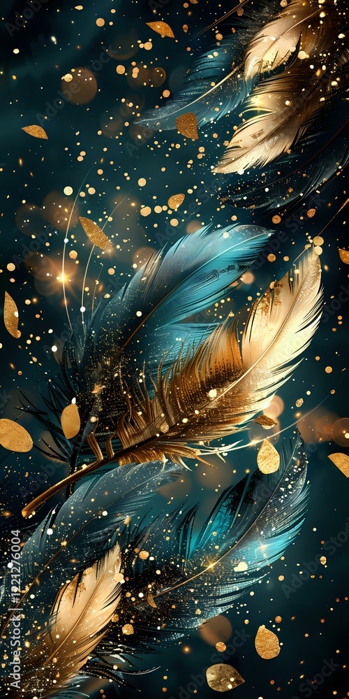 Poster magical floating feathers in turquoise and gold against dark background with glowing particles and g