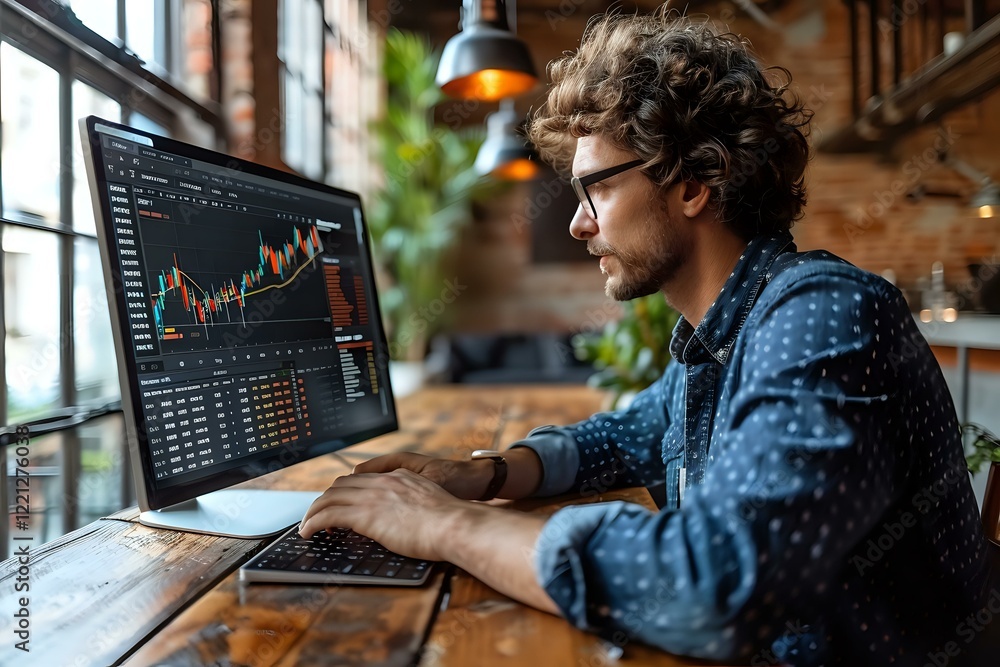 Poster young caucasian professional trader analyzing stock market data and trading charts on computer scree