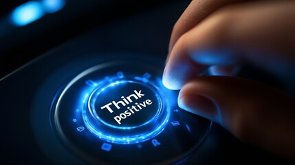 Blue glowing "Think positive" button with tech effect. Illustrates optimistic mindset in psychological coaching.