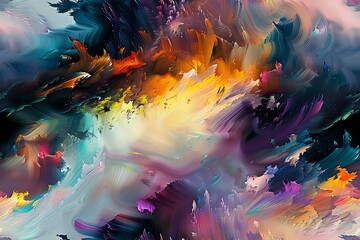 Dynamic abstract art with vibrant swirls of orange, purple, turquoise and black colors creating a dramatic storm-like atmosphere, perfect for modern interior design and creative projects.