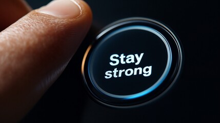 "Stay strong" button in dark dramatic setting. Perfect for resilience and mental strength coaching.