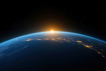 Beautiful sunrise illuminating Earth from space showcasing vibrant city lights