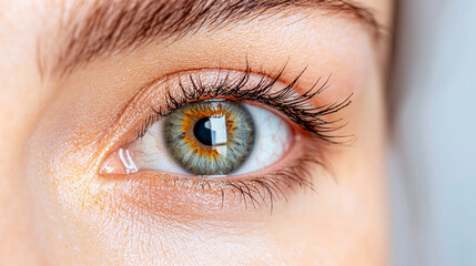 Obraz premium Close Up Of Woman's Green And Gold Eye With Shimmery Peach Eyeshadow And Detailed Lashes