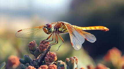 A detailed close-up of a dragonfly perched on a twig, with its iridescent wings reflecting sunlight, set against a blurred background of dark green foliage