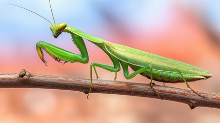 A macro shot of a praying mantis blending into a brown twig, with dramatic contrast between its green body and the surrounding earthy tones, showcasing its camouflaged beauty