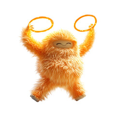 Fluffy 3D Cartoon Character Standing on One Leg Isolated on Transparent Background
