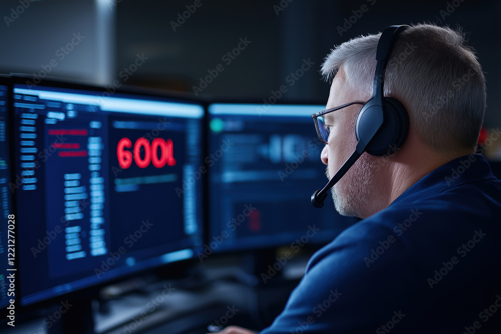 Aufkleber professional working on multiple computer screens in a control room during night hours