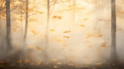 Obraz premium Golden autumn leaves fall in misty forest at sunrise; nature background for website or calendar