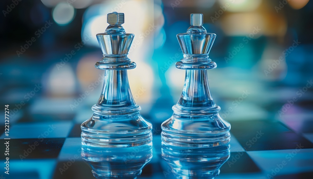 Aufkleber two elegant glass chess kings glimmering in soft light on a chessboard, representing strategy, compe