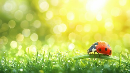 A close-up of a ladybug resting on a dewy grass blade, surrounded by soft morning light and vibrant green foliage, showcasing the peaceful coexistence of insects and their environment