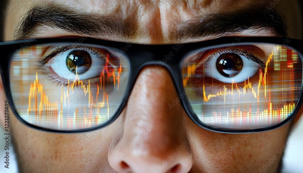 Aufkleber intense focus on stock market trends: close-up of eyes behind glasses reflecting financial data and 