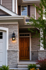 Fototapeta premium Elegant Brick House Exterior at Dusk: Modern Home Design, Real Estate Photography