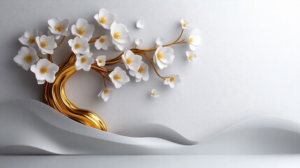 Golden Branches with White Blossoms: A 3D Rendered Floral Wall Art