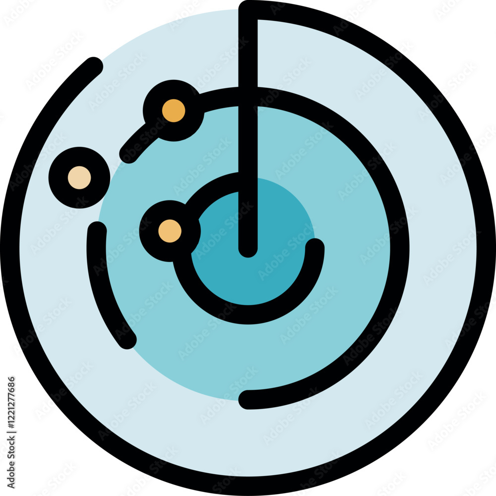 Poster radar system is scanning surrounding area, detecting objects with indicator line and concentric circ