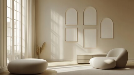 A beige home living room featuring a drawer and art decorations, with mockup frames on the wall providing a customizable display space for personal or artistic elements.