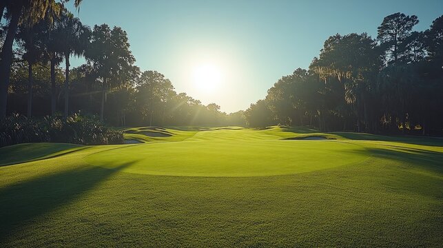A panoramic view of a sunny golf course, featuring vibrant green grass and neatly manicured fairways.