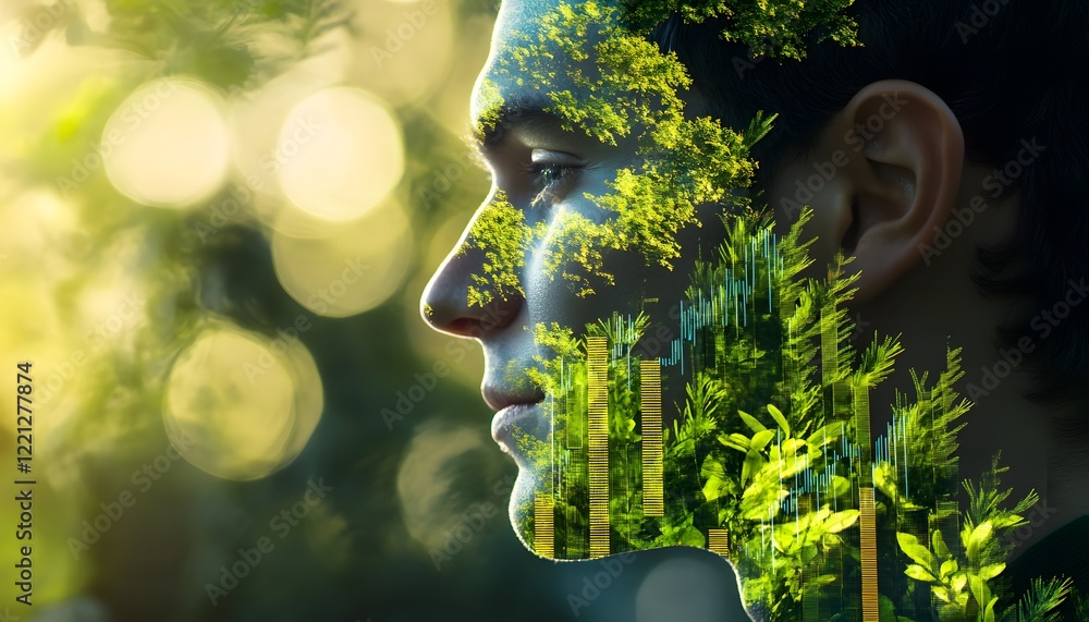 Poster double exposure portrait of a young man with lush greenery and bamboo trees illustrating a connectio