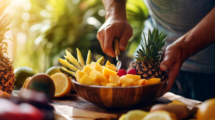 Preparing a fresh fruit platter with pineapple, mango, and berries in a sunlit kitchen setting