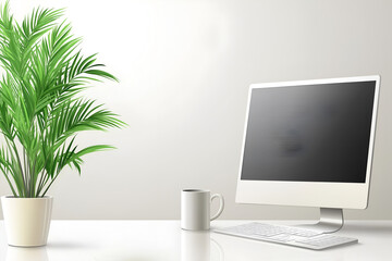 Fototapeta premium Minimalist vector illustration of a modern office workspace with a desktop computer, coffee mug, and green plants. Vector illustrations concept