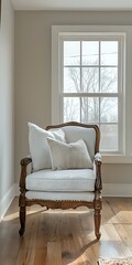  vintage armchair with white upholstery and carved wooden frame placed by large window in minimal modern interior. Natural light creates serene atmosphere 