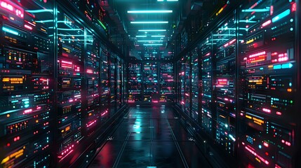 Fototapeta premium digital corridor with glowing neon lights and data servers, perfect for technology, cybersecurity and digital transformation concepts. Modern server room interior