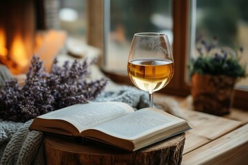 Relaxing evening with a book and wine by the fireplace
