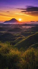 Scenic sunrise over rolling hills and a distant volcano.