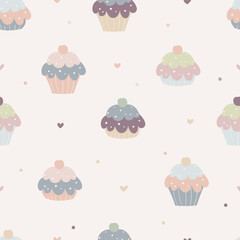 Cute cupcake seamless pattern. Colorful pastel background. Use for prints, textiles, fabric, wallpaper, stationery, nursery, wrapping paper, etc. Vector illustration