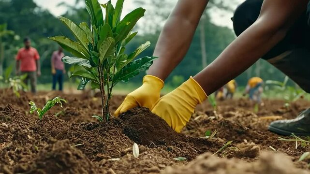 Planting a sapling: Hands gently placing a young tree into fertile earth, a collective effort for a greener future.