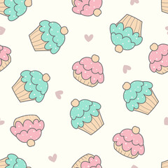 Seamless pattern with cute cupcake. Use for prints, textiles, fabric, wallpaper, stationery, nursery, wrapping paper, etc. Vector bakery background