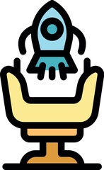 Spaceship taking off from armchair representing innovative business project launch and entrepreneurial spirit