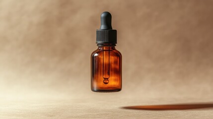 Amber Glass Dropper Bottle With Essential Oil On Brown Background