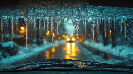 Interior of a car completely frozen over with ice,