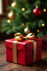 Gift wrapped in luxurious paper and tied with a golden ribbon on the floor of the Christmas tree area, tree, bow, Christmas
