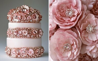 Elegant blush pink wedding cake adorned with rose blossoms and rhinestones.