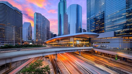 Obraz premium Cityscape sunset highway traffic modern buildings