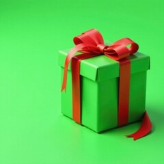 Gift wrapped in red ribbon with a bow and tail on a green background, bow, present