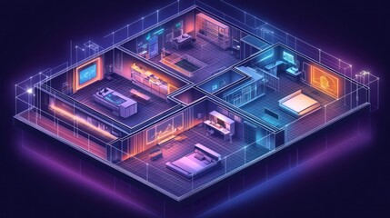 Smart home isometric illustration showing interconnected rooms with technology.