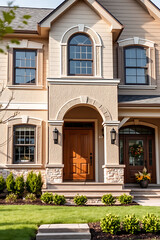 Elegant Home Exterior: Modern Architecture and Landscaping Design.  Luxury Real Estate Property with Stunning Facade and Garden