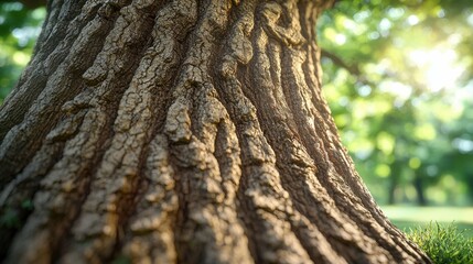 Obraz premium A detailed macro shot of a rough tree bark, showcasing the textured pattern of cracks and ridges, with natural light accentuating the intricate lines and patterns of the bark