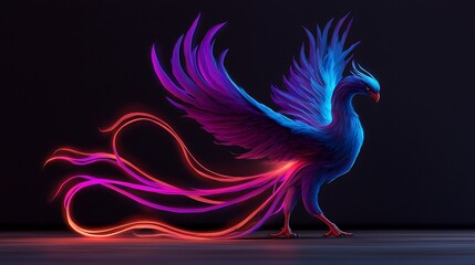Fototapeta premium Neon Phoenix, mythical bird, dark background, digital art, fantasy design